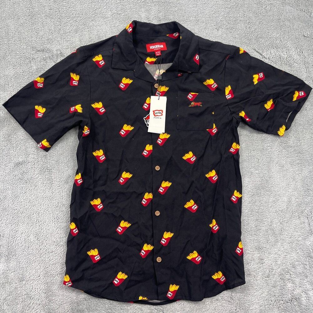 Ice Cream Hawaiian Shirt Boys 9/10 Black French Fry Print Rayon Logo Button Up
